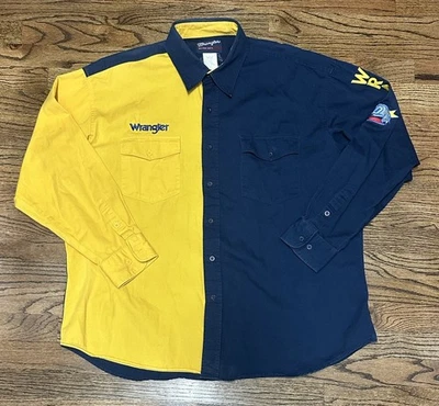 Camisa De Colección Wrangler Western Azul Amarillo Bull Riding Rodeo Años 90 Colorblock Talla 2XL Foto 1 de 4