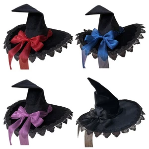 1Pc Adult Wizard Hat Lace Trim Bow Halloween Sorcerer Costume Hats Cosplay Props - Picture 1 of 23