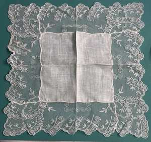 Vintage viktorianisches edwardianisches Baumwolltaschentuch elfenbeinfarben handgefertigt Spitzenkanten Hochzeit - Bild 1 von 3
