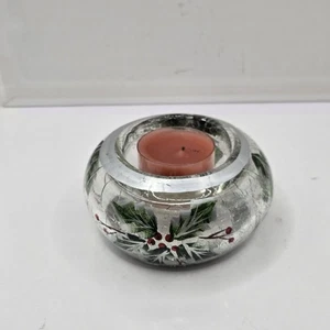 Yankee Candleholder Holly Berry Crackle Glass Winter Tealight Votive 3.5"W - Picture 1 of 16