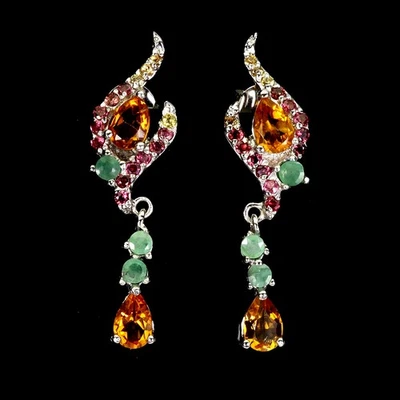 925 Sterling Silver Earrings Pear Citrine Emerald Sapphire Natural Gemstone Jewe - Image 1 of 4