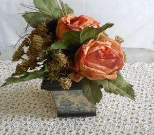 Artificial Silk small unique arrangement with 3 large Coral Roses in a wood box - Picture 1 of 5