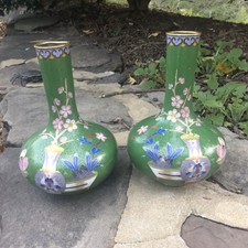 Pair Vintage Chinese Enamel Copper Cloisonne Green Floral Vases