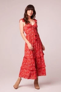 Band Of The Free Sz S Elodie Crimson Floral Tiered Midi Dress ~ Boho - Picture 1 of 5