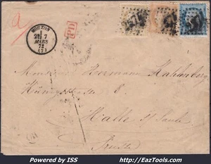 FRANCE N°38+59+60A SUR LETTRE POUR LA PRUSSE GC 2574  MOUZON + CAD DU 07/03/1872 - Picture 1 of 2