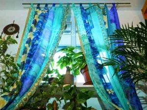 2Pcs Indian Vintage Sari Patchwork Curtain Drape Window Decor Silk Sari Curtains - Picture 1 of 9