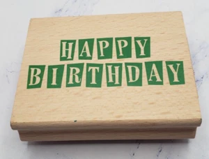 Happy Birthday Block Letters Greenbrier Wood Mounted Rubber Stamp - Picture 1 of 7