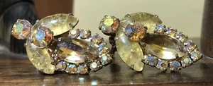 Vintage Amber Aroura Borealis AB Rhinestone Brilliant Clip On Earrings - Picture 1 of 6