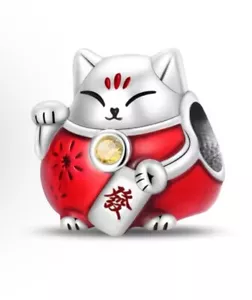 Red Lucky Chinese Cat Charm Bead S925 Sterling Silver Feng Shui For Bracelet - Picture 1 of 3