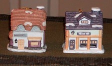 Dicken's Village Porcelain Holiday Bell Lite Ornaments, Grocery & Village Inn