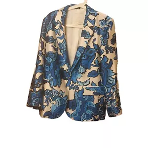 Mango Blazer Women Size XL Blue Satin Floral Jacket Preppy Cocktail New - Picture 1 of 9