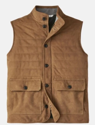 PETER MILLAR Crown Suede Greenwich Vest Full Zip & Buttons Birchwood Sz L $895 - Image 1 of 4