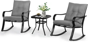 3-Piece Outdoor Rocking Chairs Bistro Set, Black Iron Patio Furniture with Gray - Picture 1 of 7