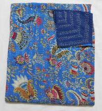 Cotton Turquoise Color Mukut Print Kantha Quilt, Bedspread Throw Blanket