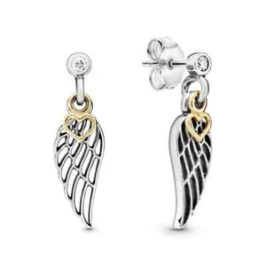 New Genuine Pandora Two-Tone Love and Guidance Angel Wing&Heart Dangle Earrings - Picture 1 of 6