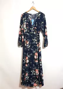 NEW Cupshe Dress Sz M Navy Blue Floral Long Wrap Stretch Long Sleeve Comfort Tie - Picture 1 of 7