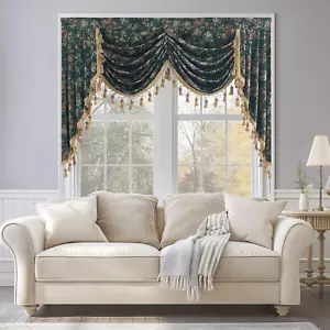 Green Velvet Waterfall Valance Curtain, Floral Print Vintage Home Decor Window T - Picture 1 of 12