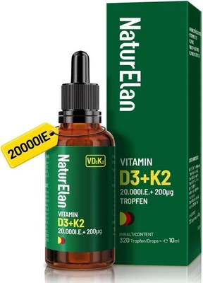 NATURELAN Vitamin D3 K2 hochdosiert Tropfen - 20000I.E. + Vitamin K2 MK7 200 mcg pro Dosis