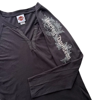 Harley Davidson Womens XL Faded Black Studded Graphic Steel City Long Sleeve Tee - Image 1 of 4