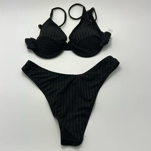 Women's Ribbed Bikini Set Medium Black Adjustable Strap High Rise Vacation Beach - Picture 1 of 12