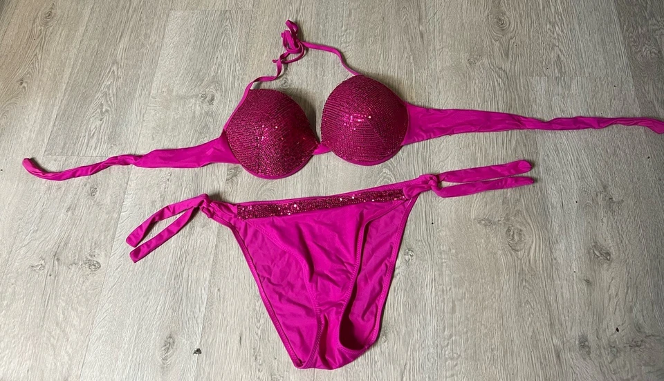 Sexy Infinity Bikini mit Pailetten - Pink - Oberteil 85 C - Hose Gr. L 44/46 - Bild 1 von 4
