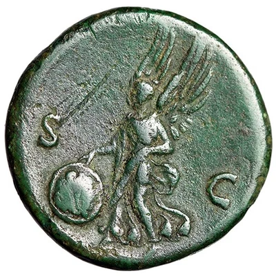 Domitian AE As "Victory, SPQR Shield" Beautiful Natural Green Patina - Image 1 of 4