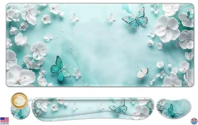 Large Mouse Pad Set with Wrist Rest, Non-Slip Base, Teal Butterfly, 4PCS - Image 1 of 4