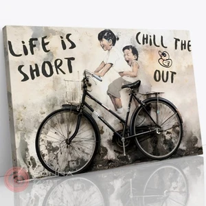 BANKSY STYLE LIFE IS SHORT CHILL GRAFFITI STREET WALL ART CANVAS FRAMED PRINT - Picture 1 of 8