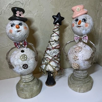 altered art CHRISTMAS SNOWMAN 3PC vintage Look OOAK Mixed Media SheShe whimsy - Image 1 of 4