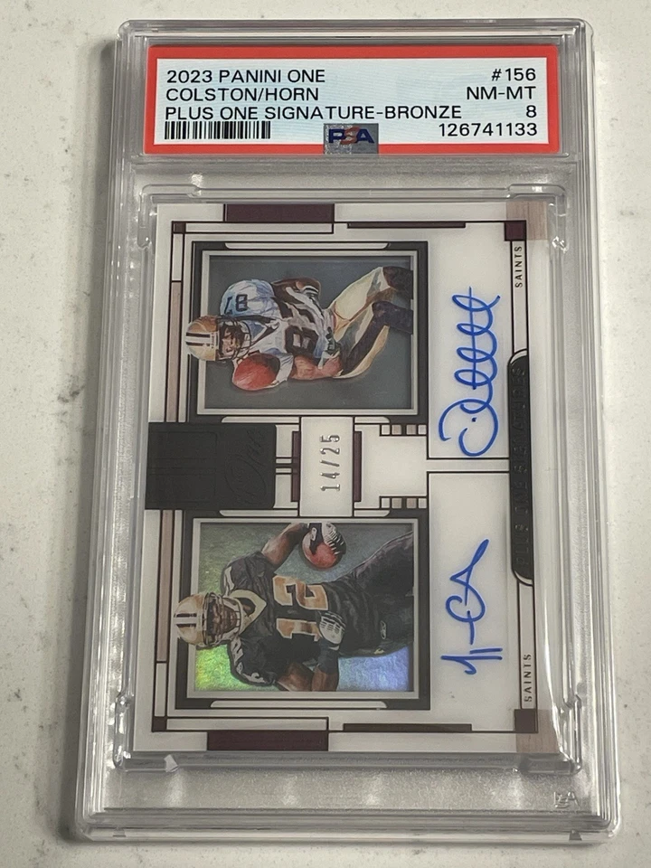 Saints Marques Colston/Joe Horn 2023 Panini One On Card Dual Auto 14/25 - PSA 8 - Image 1 of 2
