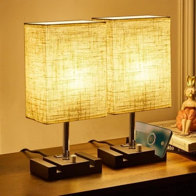 Table Lamps with USB C+A Charging Ports, Fabric Shade Nights - Imagem 1 de 4