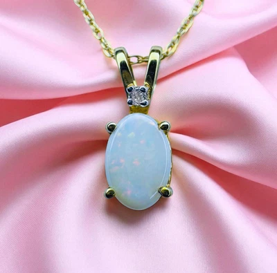 DE COLECCIÓN - Oro 10K - Collar de diamantes y ópalo australiano natural 18" - Ópalo blanco - 1 g Foto 1 de 4