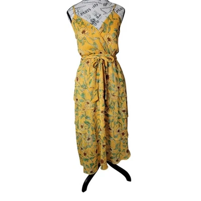 Lauren Conrad Sunflower Yellow Tiered Midi Dress Wrap Belted Sleeveless XS - Image 1 of 4