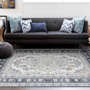 Extra Large Floor Rug Soft Plush Navy Blue Vintage Traditional Carpet Runner Rug - Picture 1 of 25