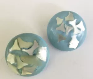 Vtg Blue Lucite White Moonglow Confetti Resin Dome Button Clip Earrings 1" - Picture 1 of 4