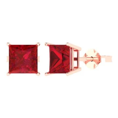 4Ct Princess Cut Solitaire Studs Designer Ruby Rose Gold Earrings Push Back - Image 1 of 4