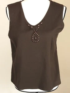 R•Q•T Women L Brown Wooden Bead Detailing Sleeveless V-neck Aztec Tank Top Shirt - Picture 1 of 10