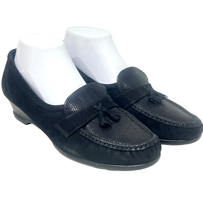Mocasín SAS para mujer Taylor negro de gamuza estampado sin usar, puntera de cuero con borla talla 9,5 M Foto 1 de 4