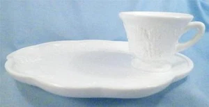 Harvest Milk Glass Snack Set Colony Grapes Leaves Scalloped Plate Cup Teacup - Picture 1 of 6