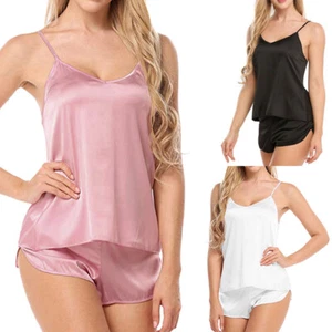 Sexy Silk Women's Pajamas Set V-neck Lace Camisole Sleeveless Shorts Linge!eo - Picture 1 of 15