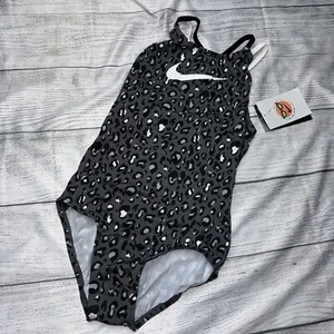 Nike Girls Youth Small (8-10) Black Gray Leopard One Piece Swimsuit NEW - Picture 1 of 2
