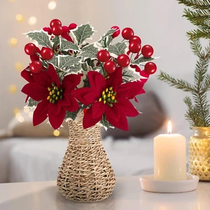 1 Set Poinsettia Flowers Artificial 12.2" Christmas Potted Plant Holly Berries C - Picture 1 of 12