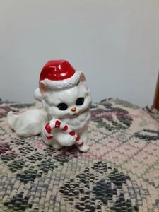 CERAMIC CHRISTMAS CAT WITH SANTA HAT AND CANDY CANE - Picture 1 of 3