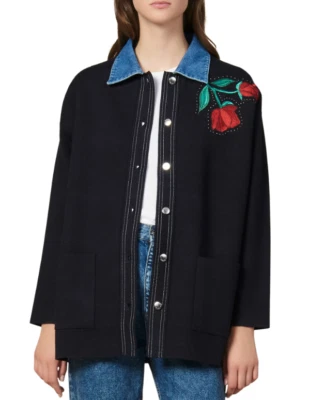 Cárdigan para mujer Sandro Warren bordado denim-acento marino talla 2 (EE. UU. 6214 Foto 1 de 3