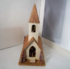 Japan Putz Church House Christmas Village Gold Feather Bottle Brush Trees Bell
