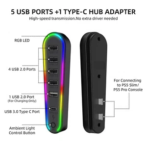 5 USB Port +1 Type-C Port Hub with RGB Light For PS5 Pro/PS5 Slim Console - Picture 1 of 10