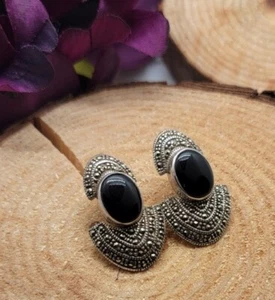 Vintage Style 925 Sterling Silver Onyx & Marcasite Round Button Clip On Earrings - Picture 1 of 7