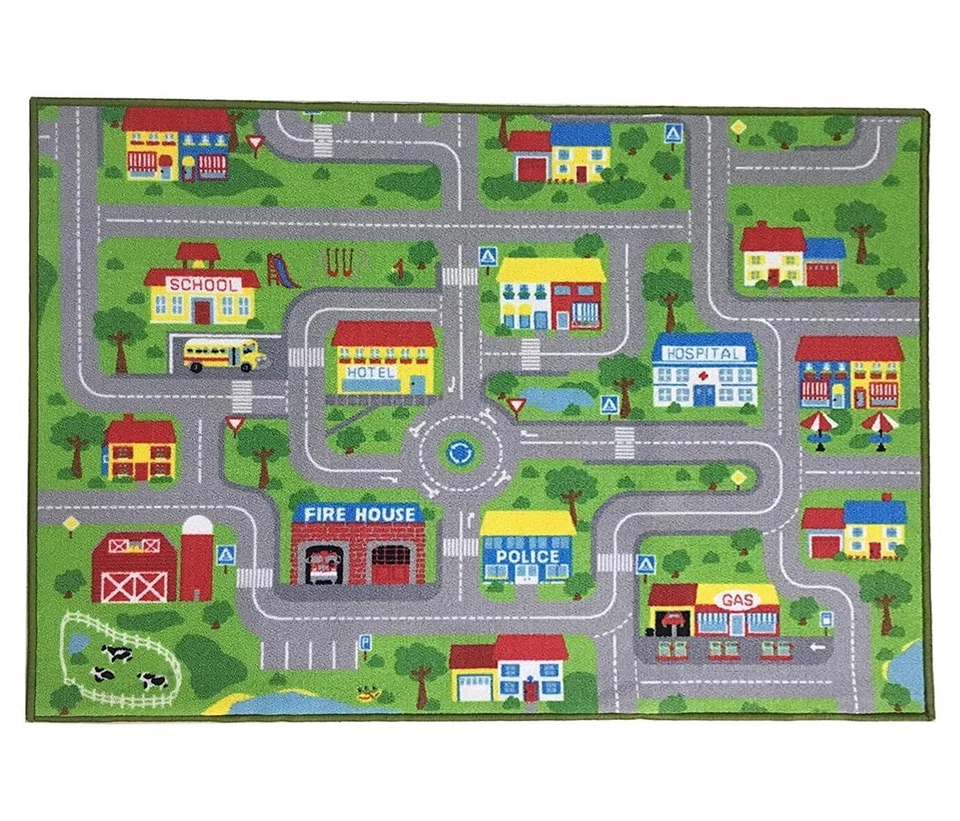 HUAHOO City Street Map ' Rug with Roads Rug Play mat with School Hospital Sta...
