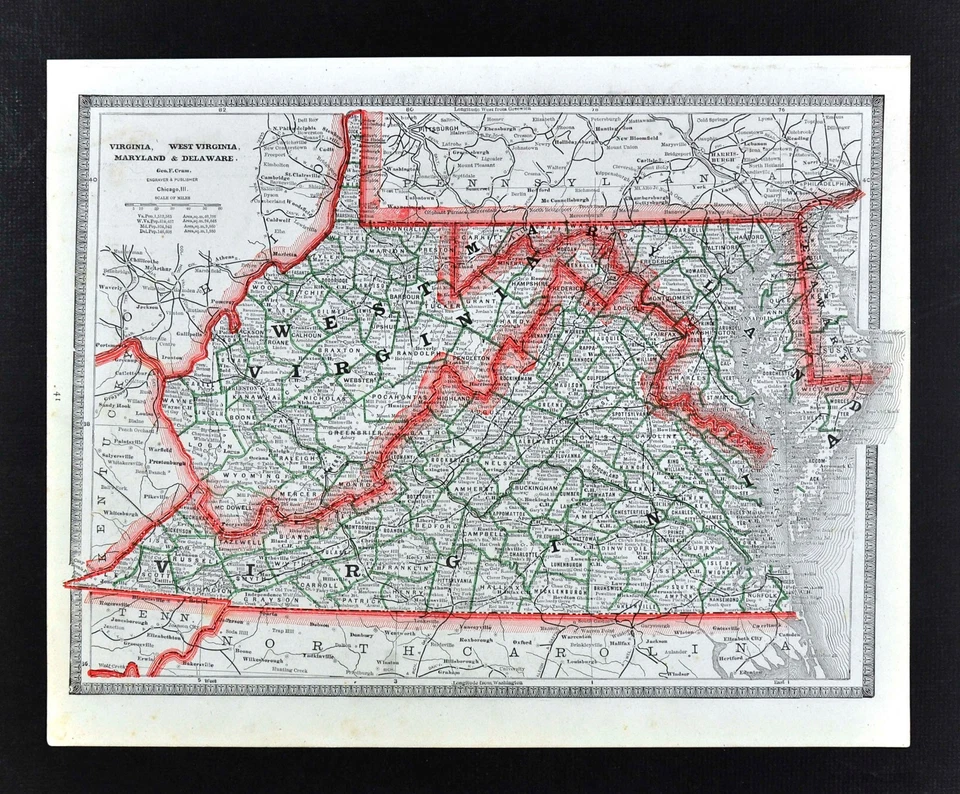 Mapa George Cram c 1883 Virginia West VA Maryland Delaware Richmond Washington DC Foto 1 de 1