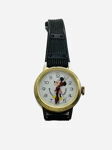 Vintage Disney Bradley Mickey Mouse Uhr goldfarben Retro 70er Jahre braucht Batterie - Bild 1 von 8